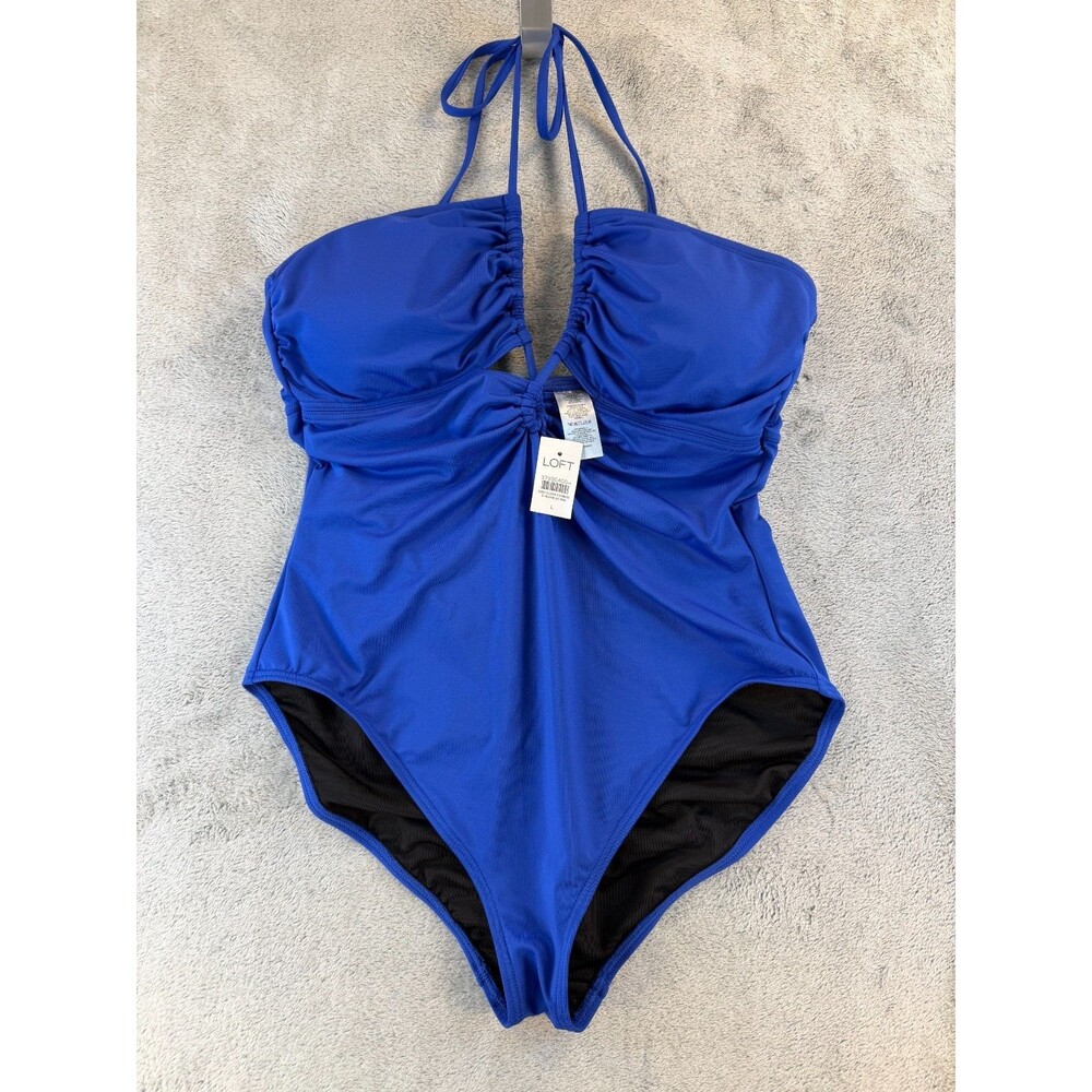 LOFT One Piece Swimsuit Women’s Large Blue Ruched Halter Tie NWT